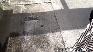 Redhead Japanese cutie outdoor solo pussy playing and peeing