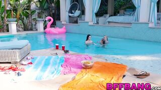 Lesbian pool threesome with horny petite teen sluts