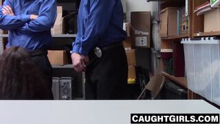 Teen servicing two guards for cum tasting fun